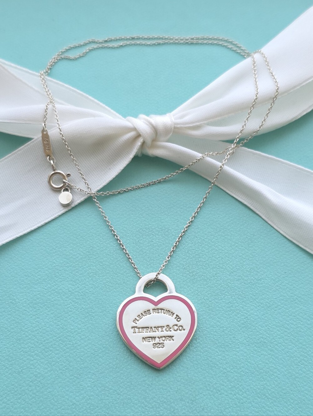 Retired T&Co Pink Enamel Return Heart Tag Pendant Necklace